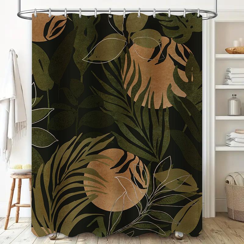 Luxurious Greenery Shower Curtain 180x274cm Waterproof Fabric for Bathroom Decorations Modern Palm Leaves Print in Dark Colors