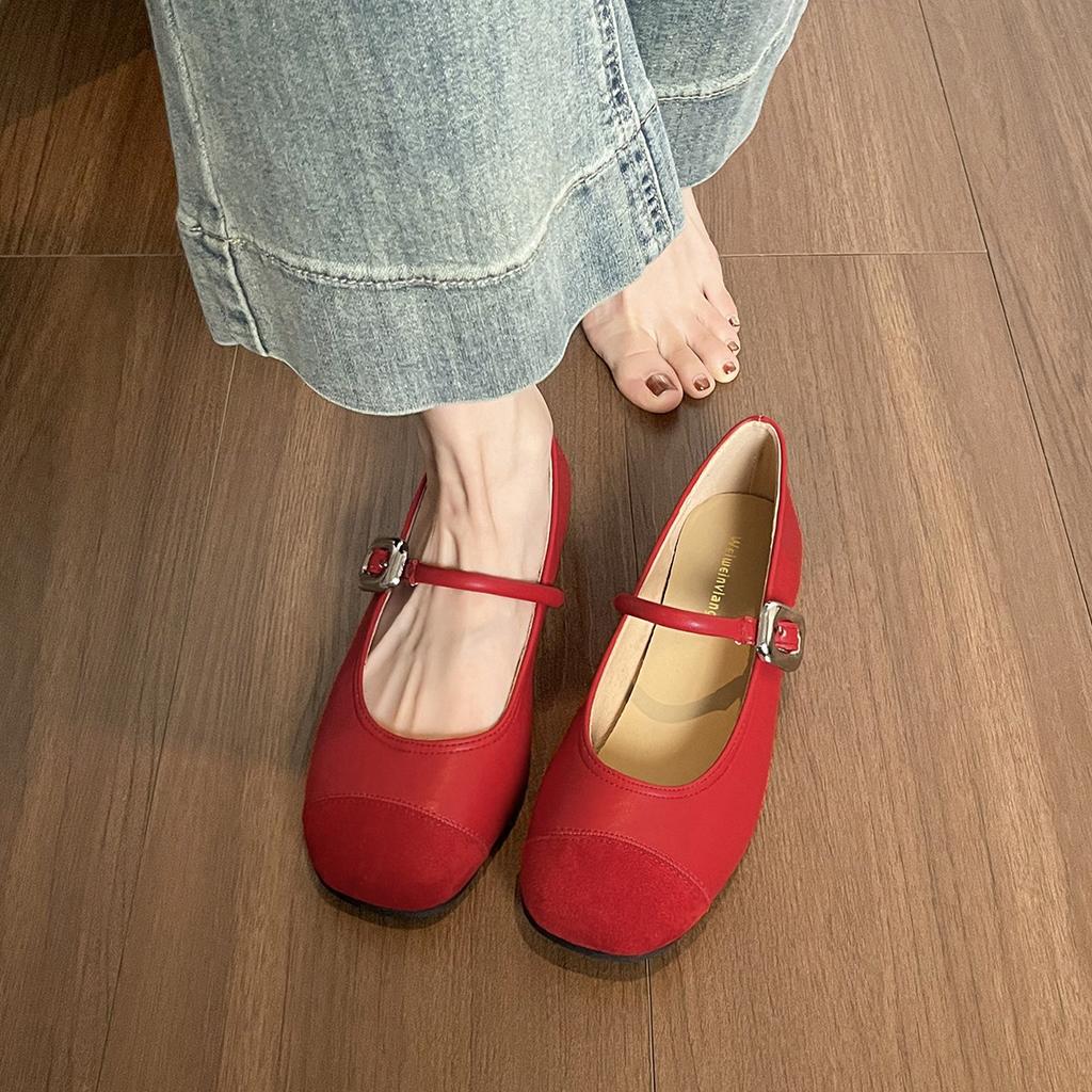 Sheepskin version 2025 autumn French Mary Jane shoes women's headbuckle strap flat ballet shoes women's single shoes