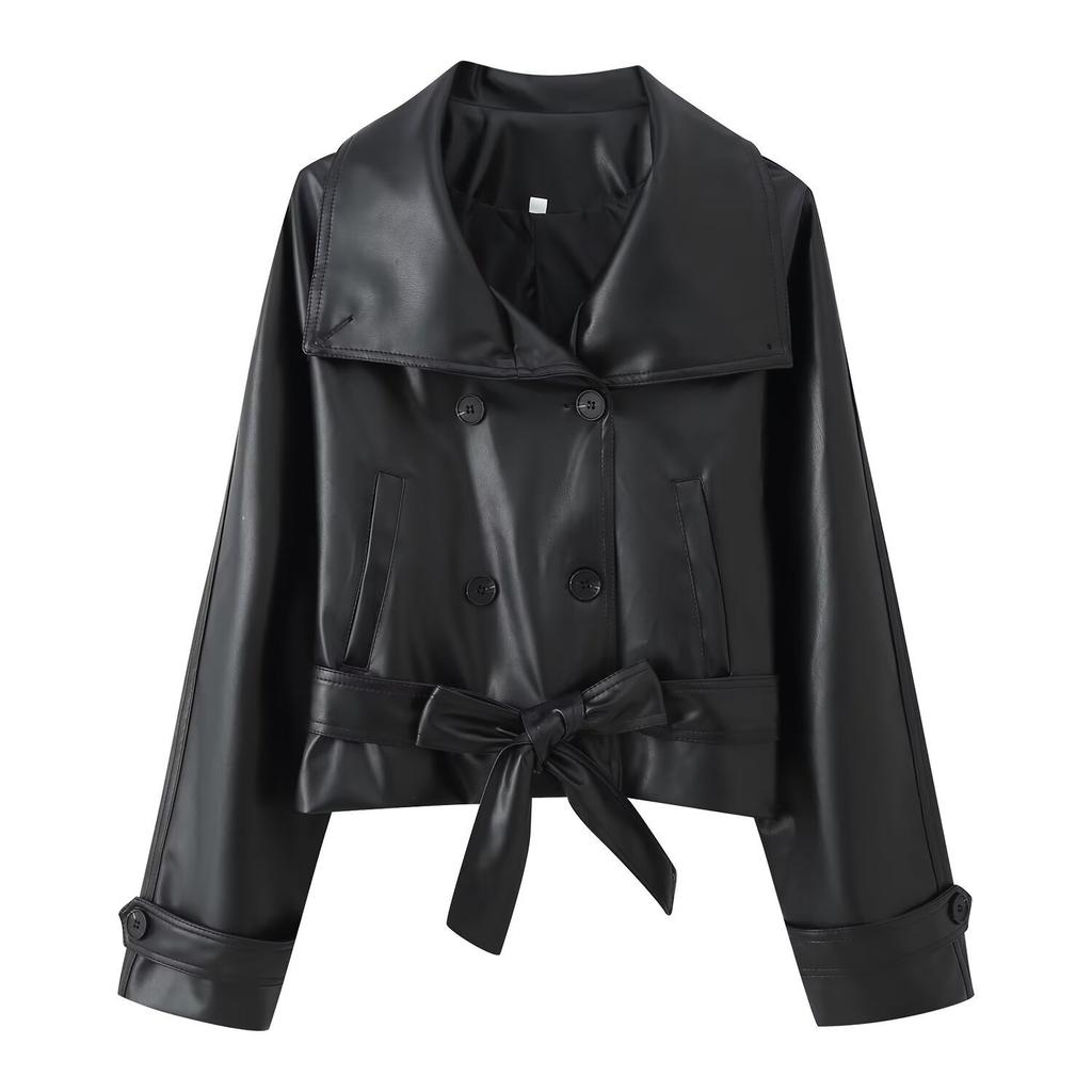 2025 autumn and winter new European and American cross-border women's clothing double-breasted short lace-up leather jacket jacket w017 324