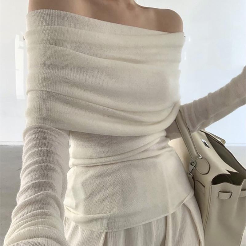 Elegant Off-the-shoulder Knitted Women Blouse Gentle Casual Top Fashion Slim Fit Thin Long Sleeved Pullover Sweater Solid Color Sexy Fashion Clothing