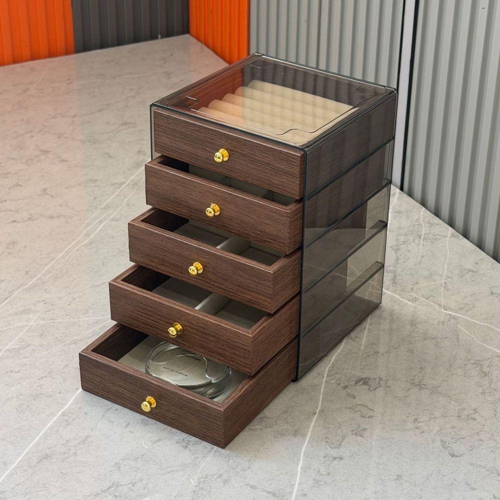 Cutie de bijuterii din lemn cu capacitate mare, cu aspect de nuc, 3/5 straturi, cutie de depozitare pentru birou, depozitare acasă