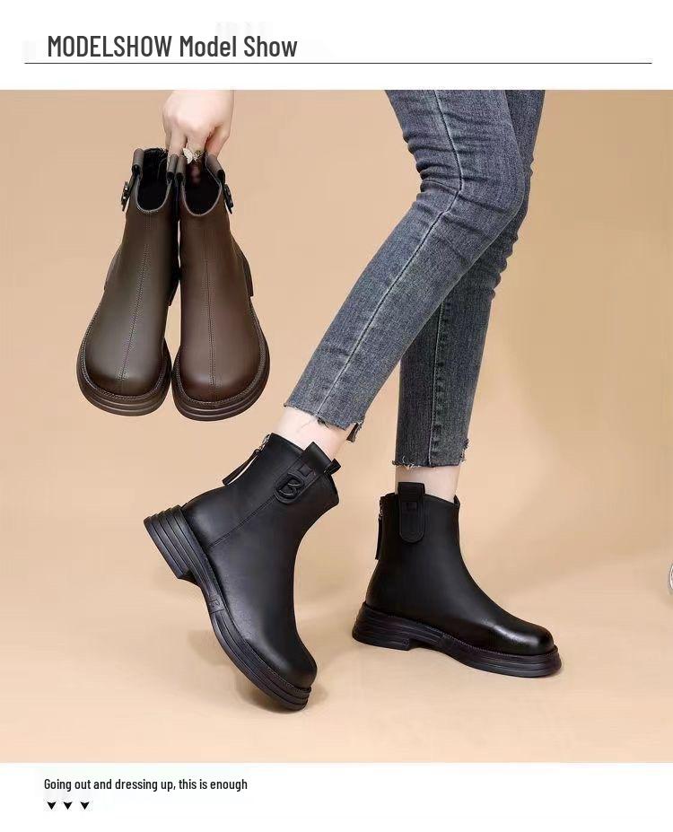 Soft Leather Chelsea Ankle Boots - Autumn 2025, Thick Sole, British Style, Women's Slimming Default Design