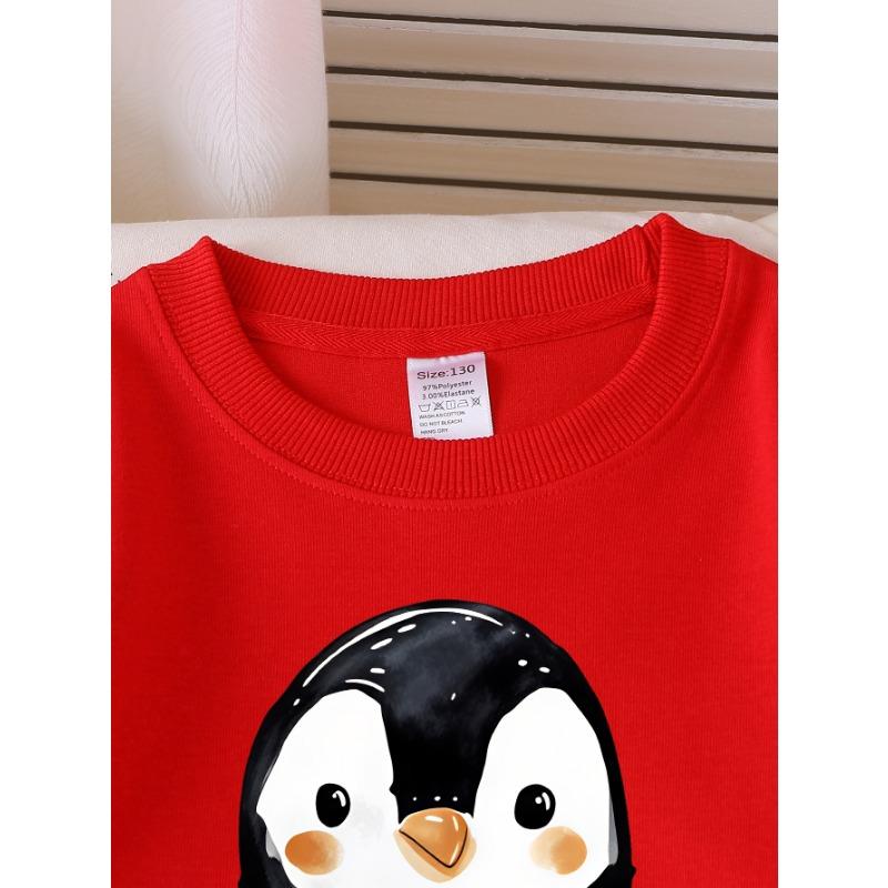 European sizes Girls' Soft Crewneck Sweatshirt, Cute Watercolor Penguin Print, Casual for Fall Winter, Ideal Holiday Present.