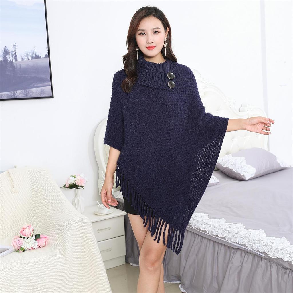 Autumn/Winter High Neck Buttoned Tassel Women's Cape: Warm European & American Fashion Knitted Sweater Shawl