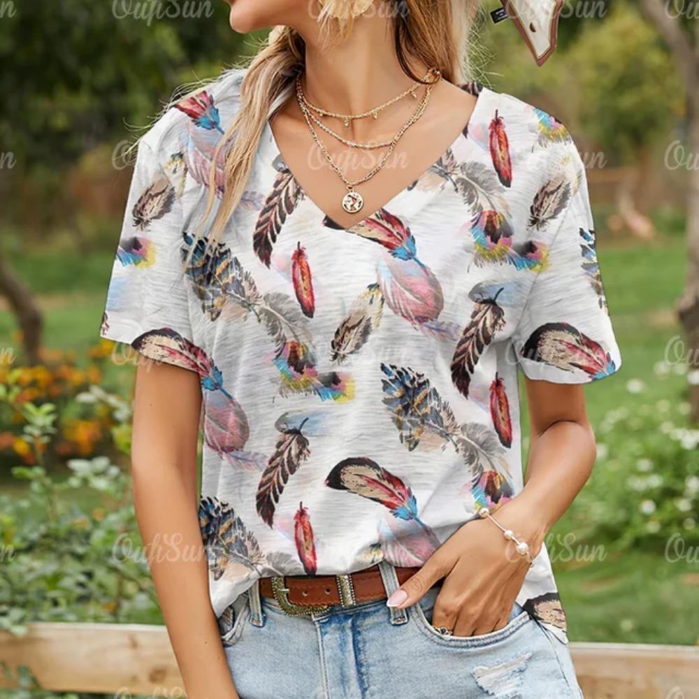 Women's T-shirt Summer V-neck Short-sleeved Top Fashion Feather Pattern 3d Printing Casual Daily Women's Clothing