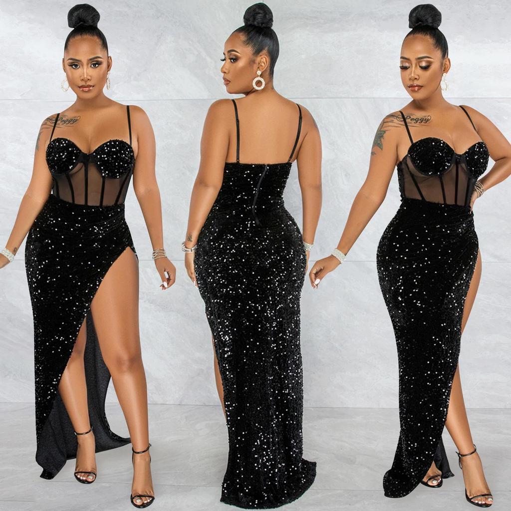 X5843 Europejska i Amerykańska Sukienka z Cekinowej Siateczki na Ramiączkach Spaghetti z Nieregularnym Rozcięciem dla Kobiet