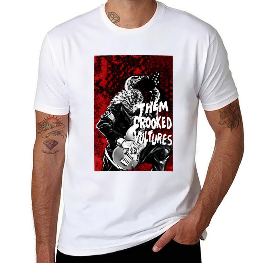 Them Crooked Vulture Playing On The Guitar Red Background Tshirt Casual Streetwear Short Sleeve Tee