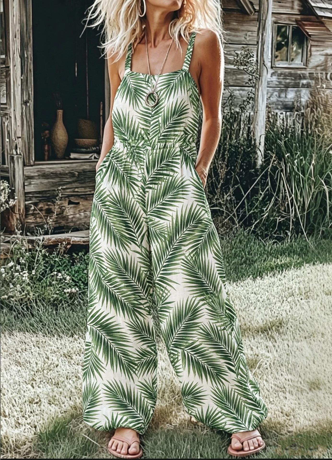 Cute Bear Print Suspender Sleeveless Loose Wide Leg Casual Jumpsuit S