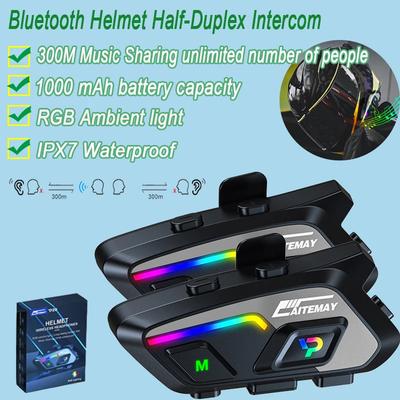 Motorcycle Helmet Bluetooth Intercom Headset IPX6 Waterproof Half-duplex Intercom Distance 300M Music Sharing with Ambient Light