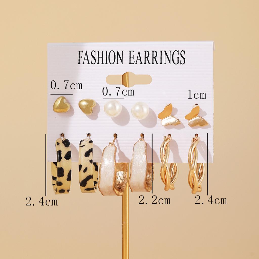 6 Pairs Earrings Retro C-shaped Earrings Creative Personality Leopard Love-shaped Butterflies Ear Studs
