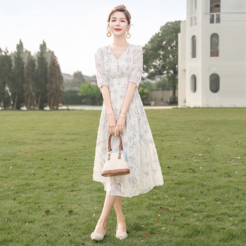 Elegant V-Neck High-Waist A-Line Midi Dress L