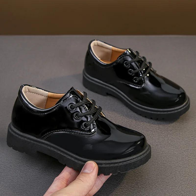 

Spring Boy Leather Shoes Black Performance Casual Children Glossy UK Uniform Casual Shoes for Host Kids Fashion New Classic 27 чёрный