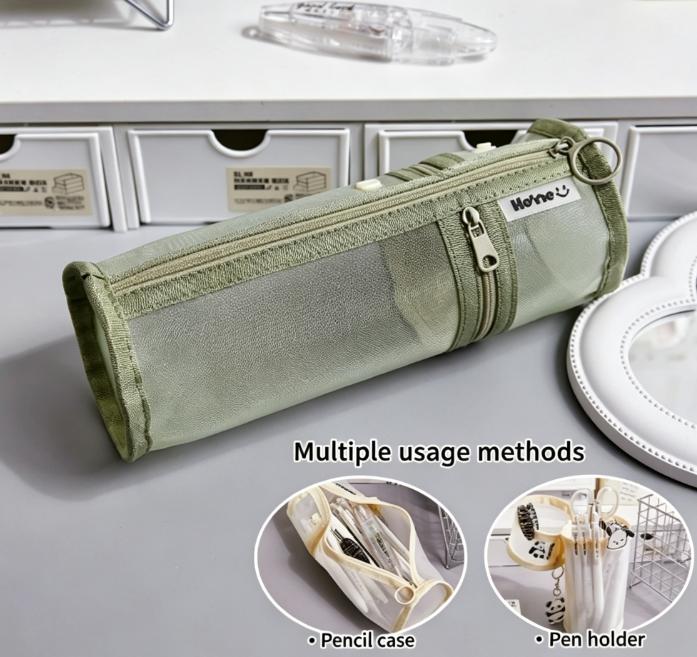 Minimalist Transparent Mesh Pencil Case Large Capacity Flip-Top Solid Color Pen Holder Portable Stationery Storage Bag