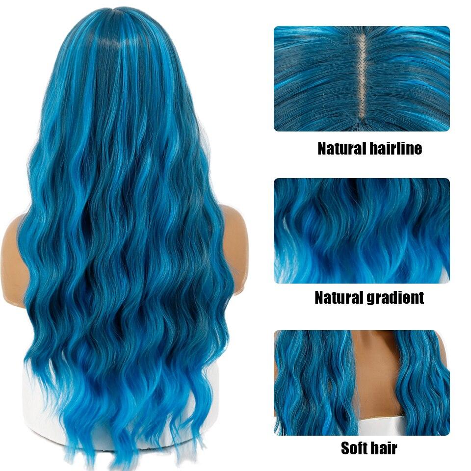 XINRAN Synthetic Long Wig Blue Wave Wig With Bangs Synthetic Heat-resistant Fiber Hair Cosplay Black Female Long Wig Christmas Wig