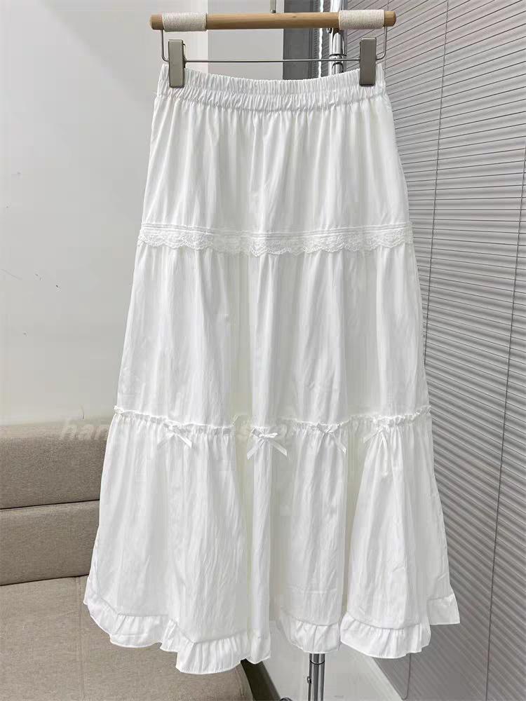 Sweet Lace Bow Ruffle Midi Skirt for Women - Spring 2025 High Waist A-line Style