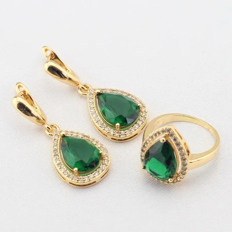 WPAITKYS Seturi de bijuterii de culoare aurie alb smarald CZ verde creat pentru femei, cercei, colier, inele cu pandantiv, cutie cadou gratuita
