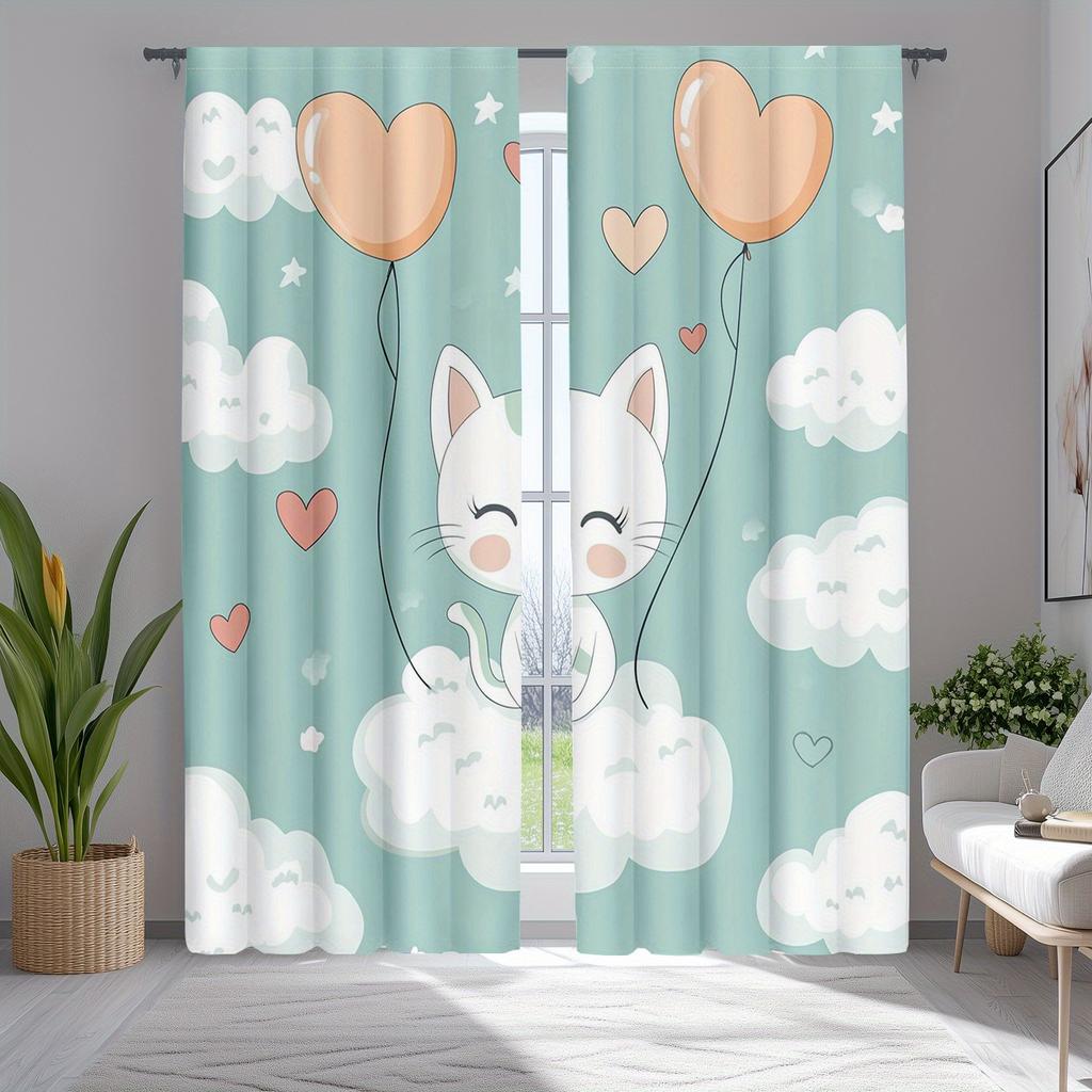 2pcs Cute Cat Window Drapes for Bedroom Living Room Green Kawaii Animal Curtains