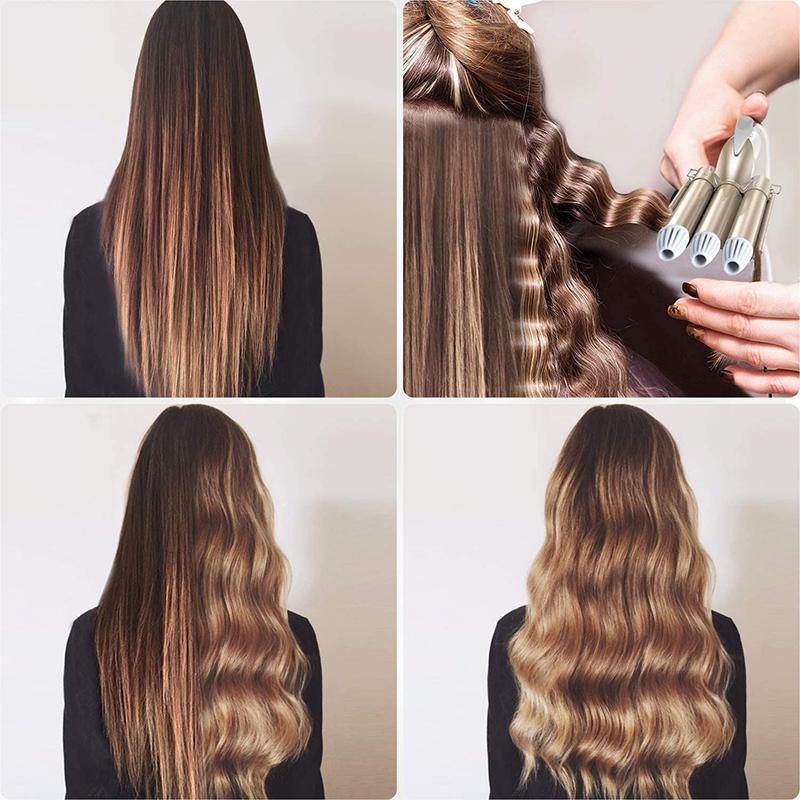 Fierul de ondulat cu 3 butoaie se încălzește rapid Turmalină Ceramică Ionic triple butoaie Valuri Fier de ondulat Egg Roll Instrument de coafat