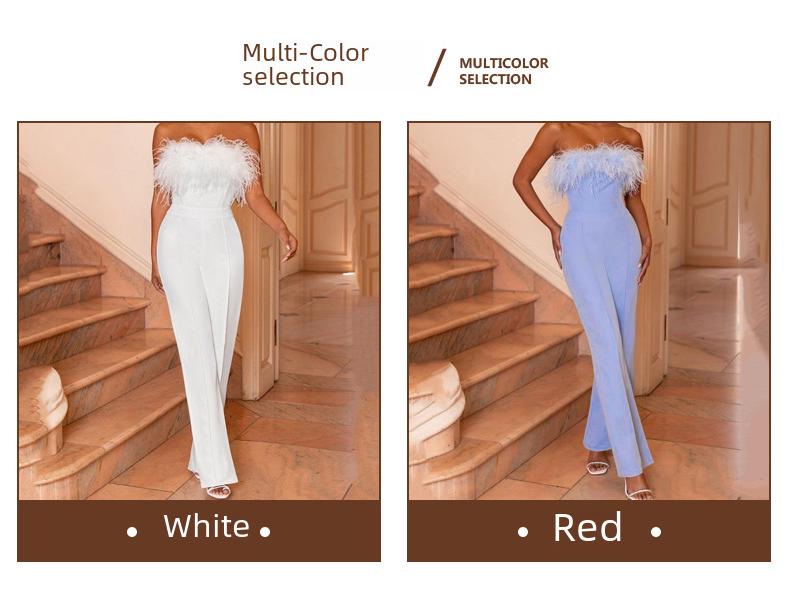 2025 Spring/Summer European & American Women's Feather Bandeau One-Shoulder Backless Jumpsuit