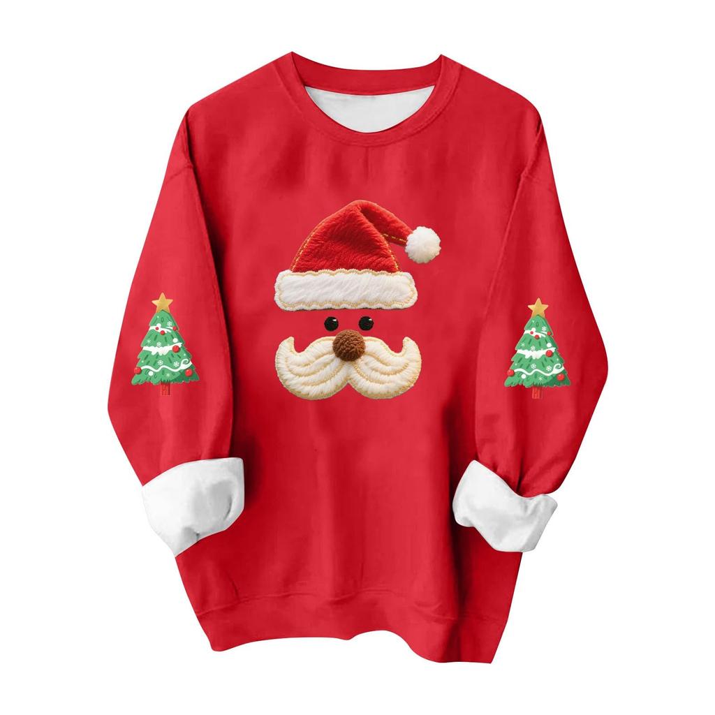 Ladies' Casual And Fashionable Round Neck Top With Christmas Print Hooded T-shirt Long Sleeved Sweatshirt