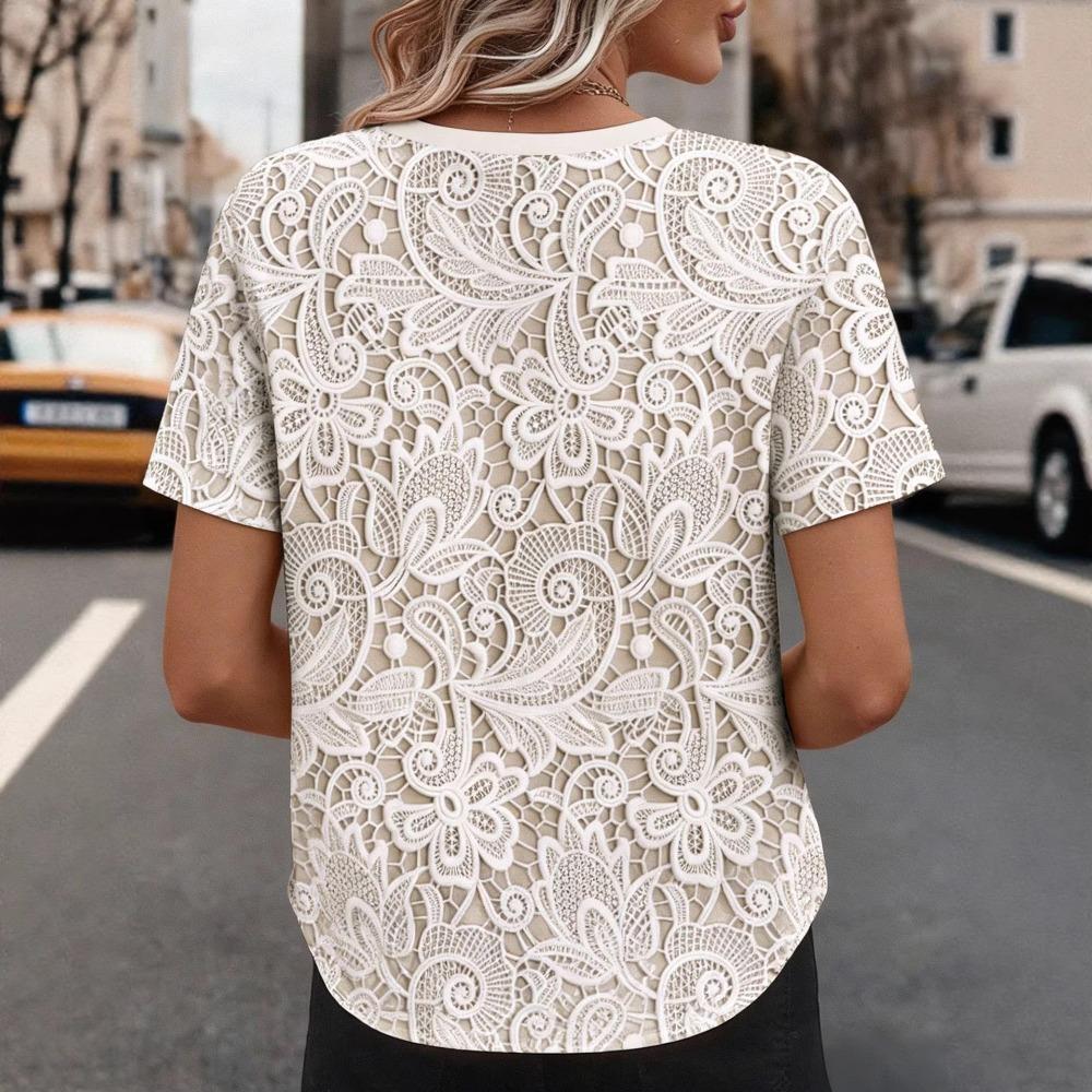 Women's Round Neck Short Sleeve Tee Regular Fit Elegant Casual Top Lace Floral Print Fashion Blouse