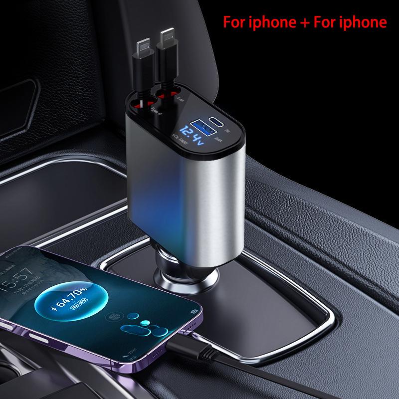 100W 4 IN 1 Retractable Car Charger USB Type C Cable For IPhone Huawei Samsung Fast Charge Cord Cigarette Lighter Adapter X4W3