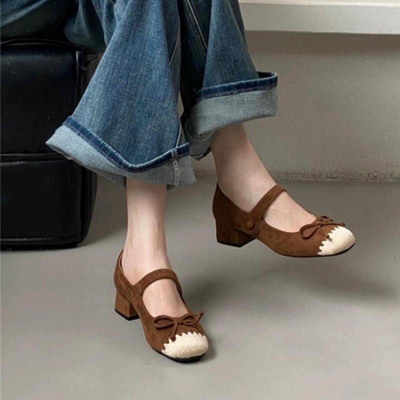 French Small Fragrant Splicing Round Head Thick Heel High Heel Single Shoes Temperament Versatile Commuter Mary Jane Shoes