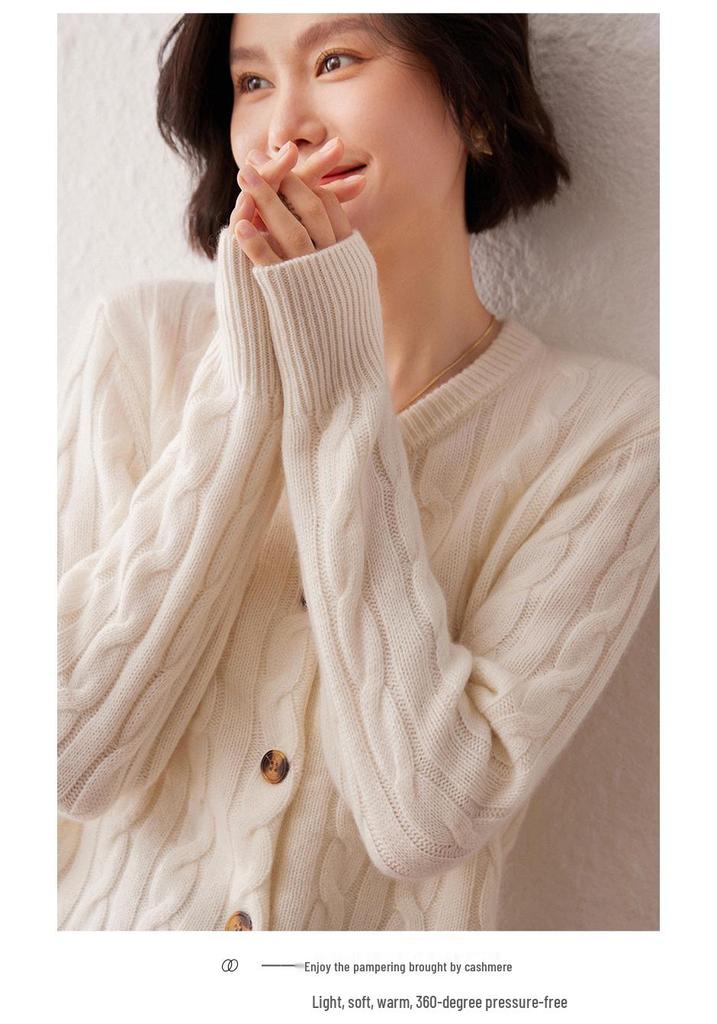 Women's Thick Cable Knit Cashmere Cardigan - Autumn/Winter Round Neck Loose Knitwear Jacket