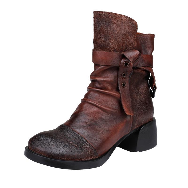 Fashion GKTINOO Women Motorcycle Boots Genuine Leather 2025 New Zip Round Toe Women Shoes Sewing Handmade Retro Mid-Calf Platform Boots