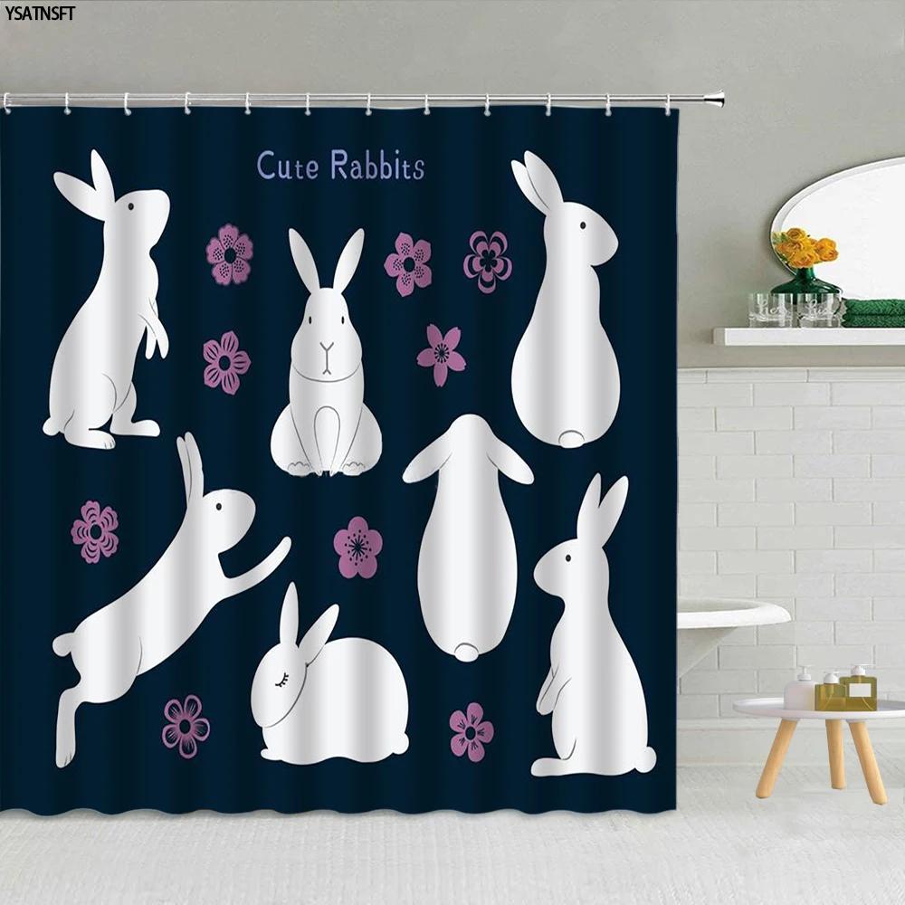 Funny Bunny Easter Shower Curtain Rabbit Colorful Egg Flower Wood Striped Backdrop Bathroom Decor Washable Fabric Hooks Curtains