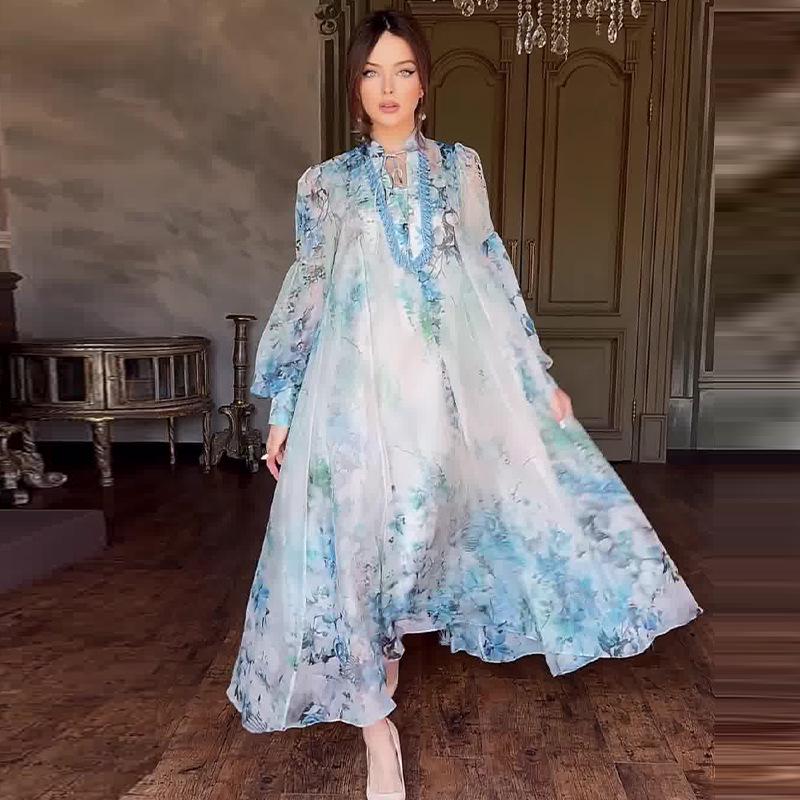 2024 Summer Women's French Sweet Style Long Sleeve Print Dress