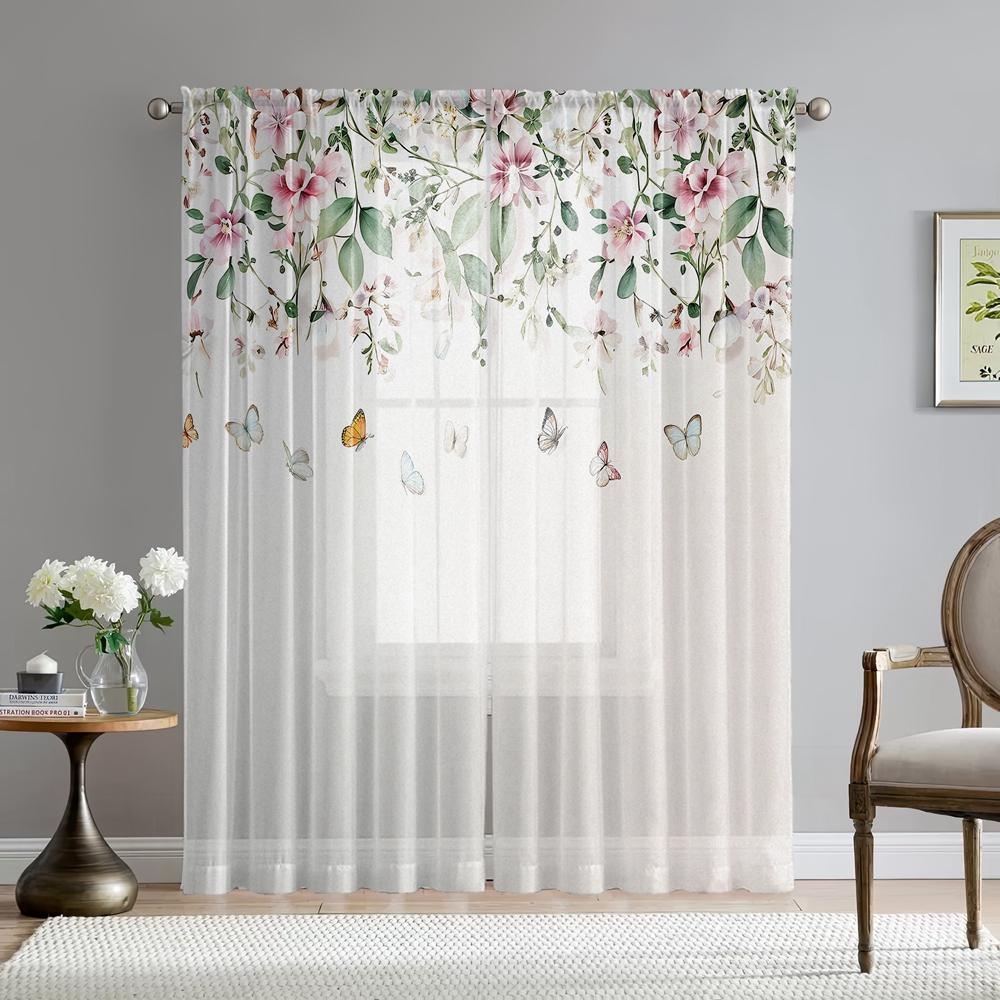 2 kusy HD digitální jednoduché motýlí květinové tištěné záclony domácí dekorace styl dekorativní obývací pokoj ložnice tyčové záclony