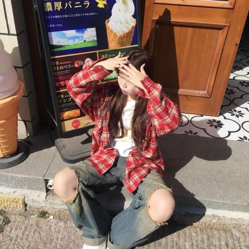 Women Letter Studded Checkered Shirts American Retro Long Sleeved Blouses Autumn Fashion Sun Protection Lady Cardigan