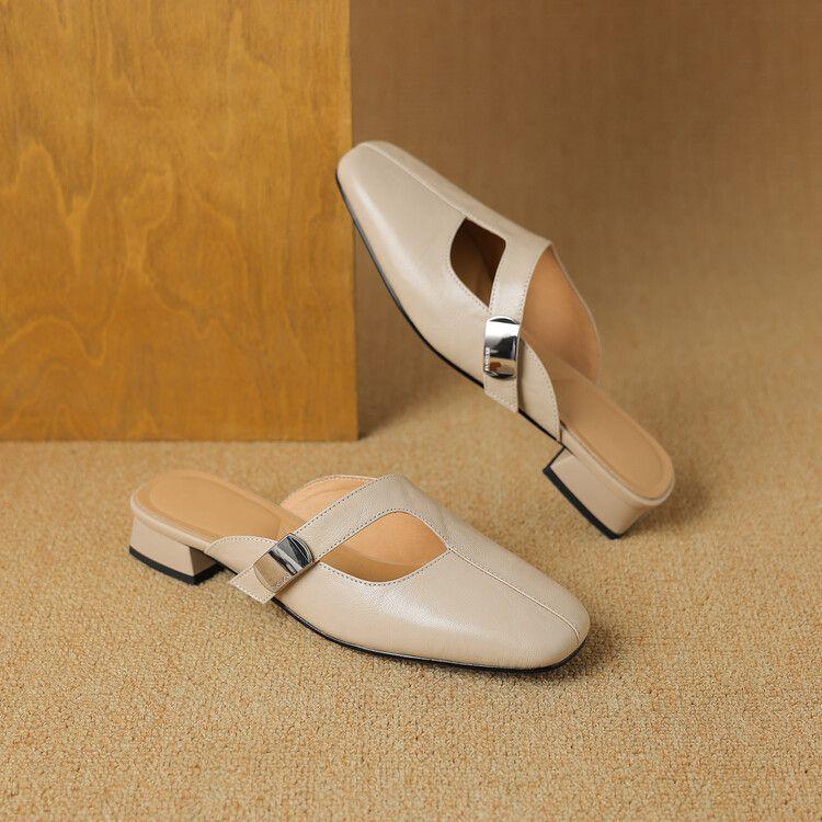 Slippers Women's Xiaoxiangfeng New Soft Leather Bag Head Half Slippers Women's Summer Wear Medium Heel Versatile Square Head High Heels Sandals