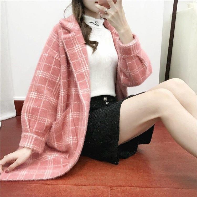 Autumn Winter Knitted Cardigan Coat Medium Length Loose Fit Collar Suit Versatile Sweater