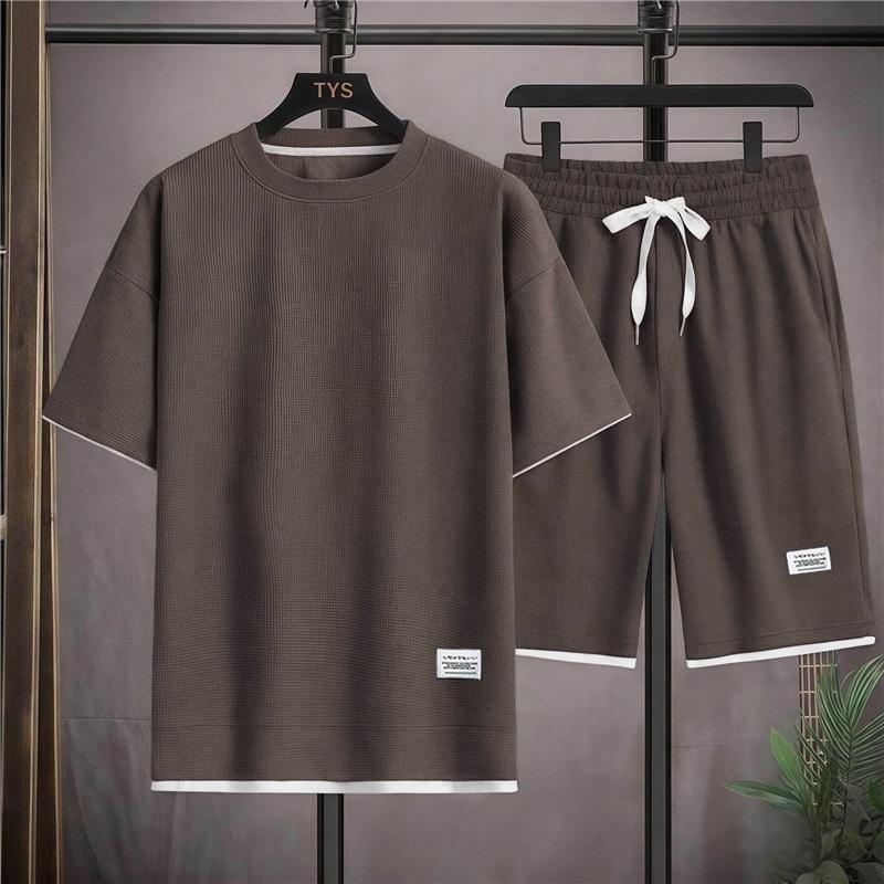 Men's Waffle Knit T-Shirt Shorts Set 2 Piece Casual Outfit Fake Two-Piece Design