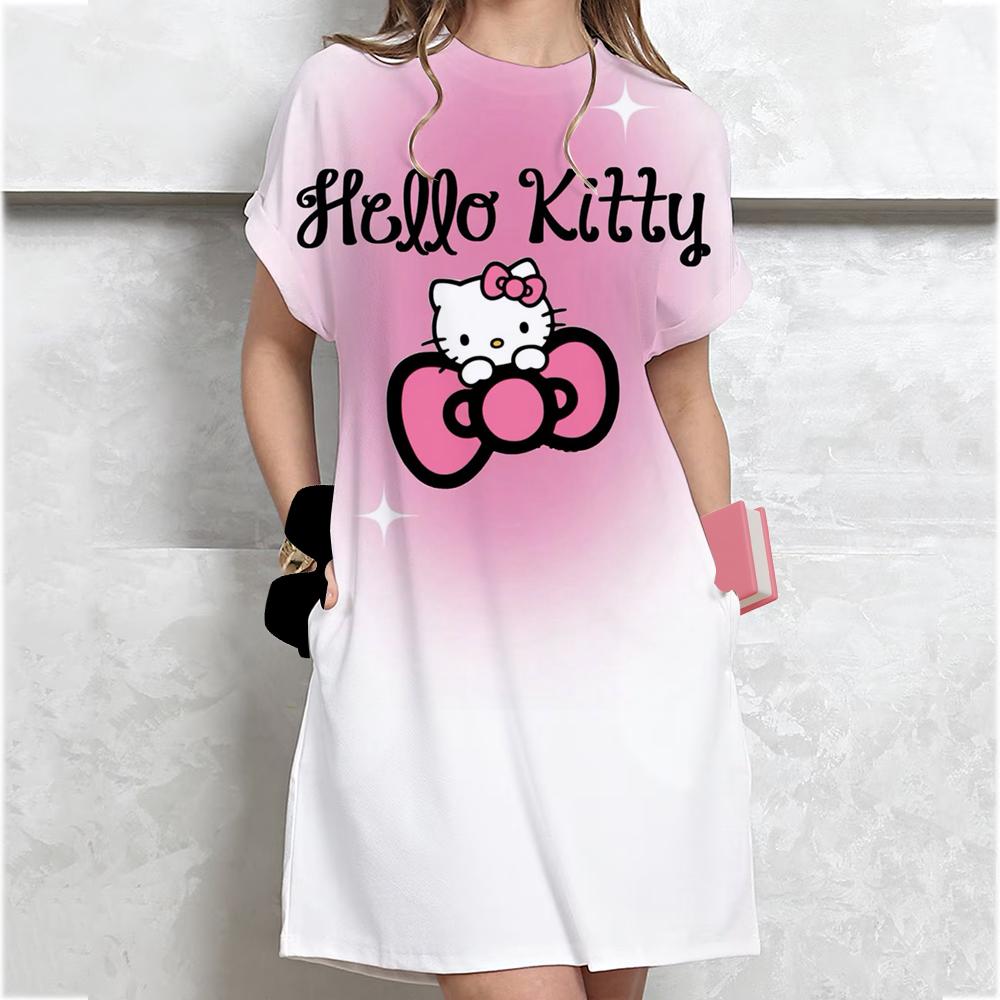

Женское Повседневное Платье-футболка с коротким рукавом Винтажный принт Hello Kitty Свободное Мини-платье Элегантное Простое Мини-платье Streetwear Сарафан S