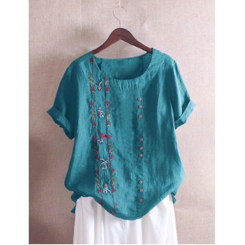 

Летние винтажные хлопковые льняные вышитые свободные повседневные футболки с короткими рукавами для женщин XL темно-зеленого