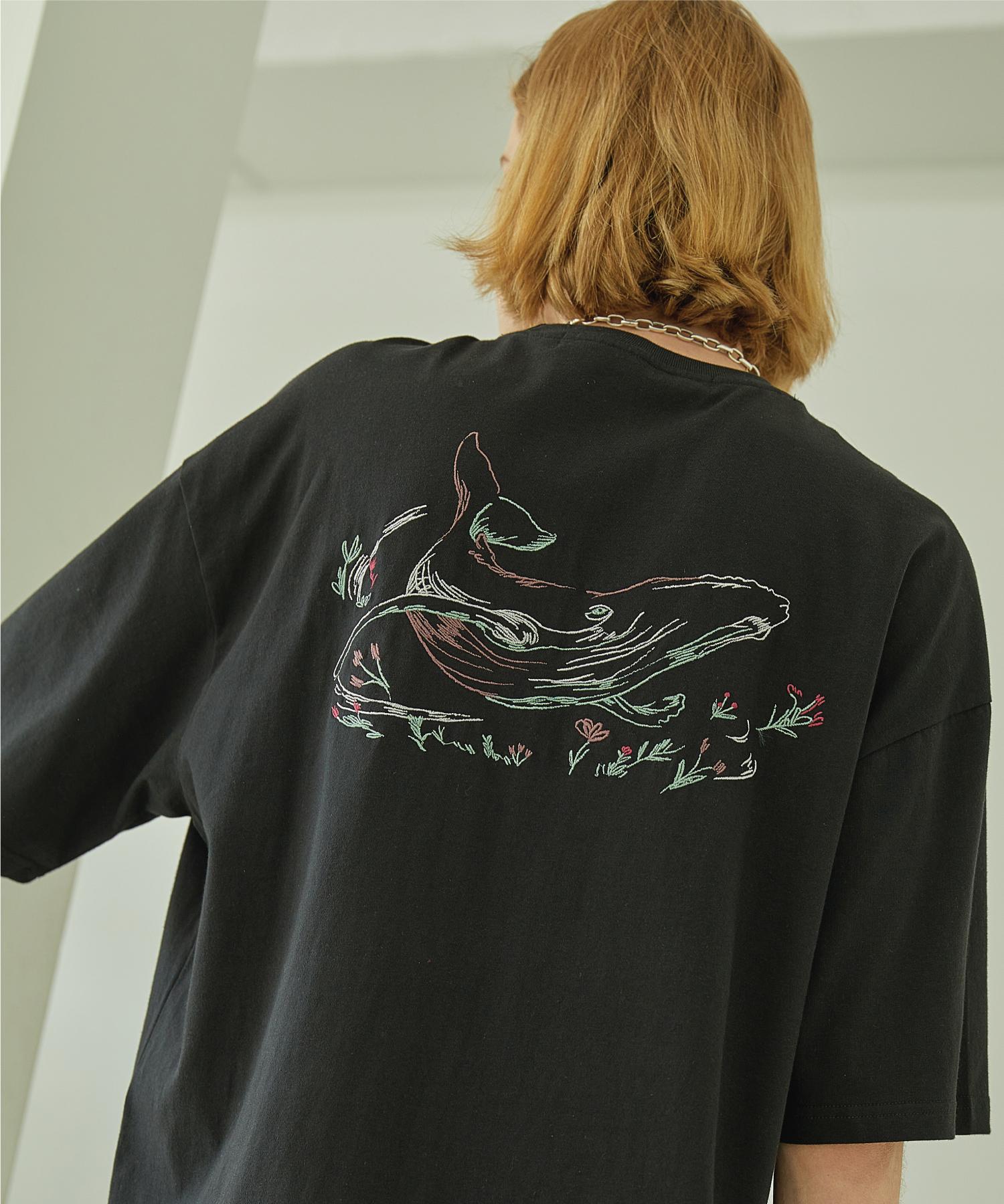 Compagno [20 Count] Whale Flower Embroidery Short Sleeve Black Black/L