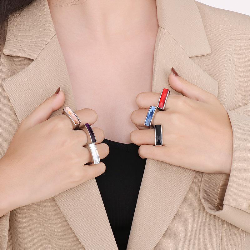 European-American Minimalist Gold Stainless Steel Multicolor Gemstone Ring for Women