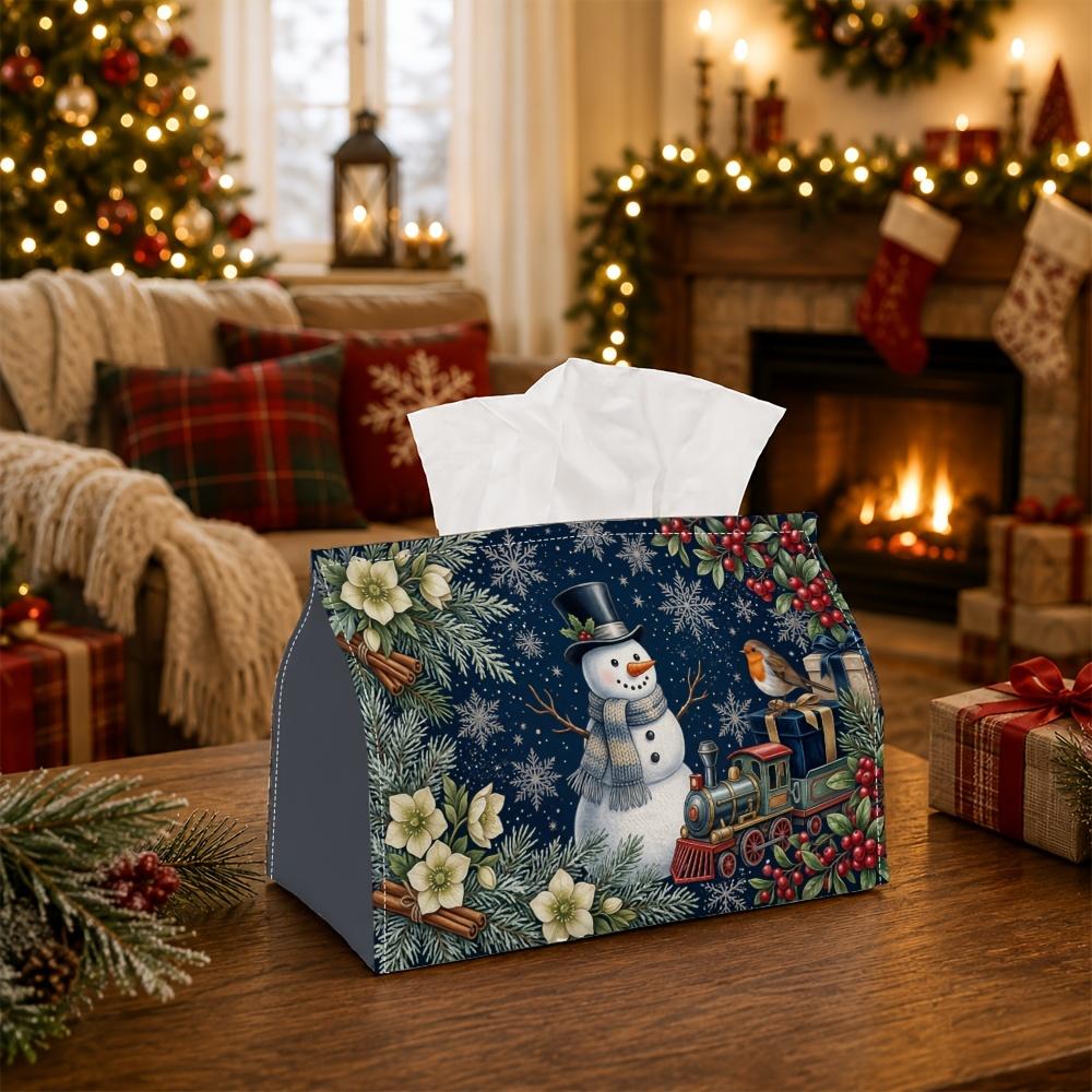 1pc Vintage Winter Nostalgic Tissue Box - Snowman Toy Train Robin Bird Poinsettia Napkin Storage Box, Suitable for Rolls/facial Tissues/single Sheets,