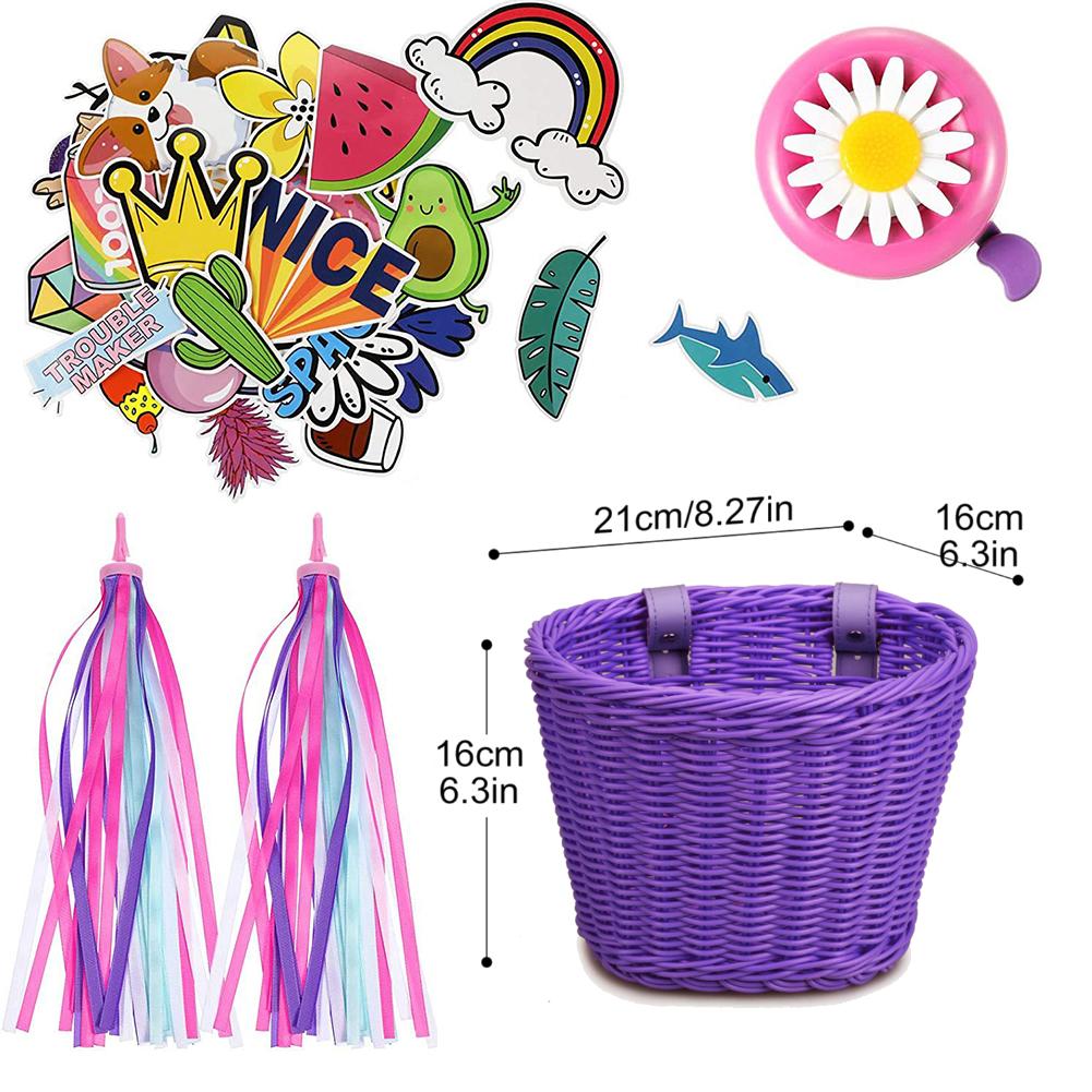4pcs Hand-Woven Bicycle Basket with Bell Tassel Stickers Adjustable Bike Handlebar Carrier Basket Cycling Accessories
