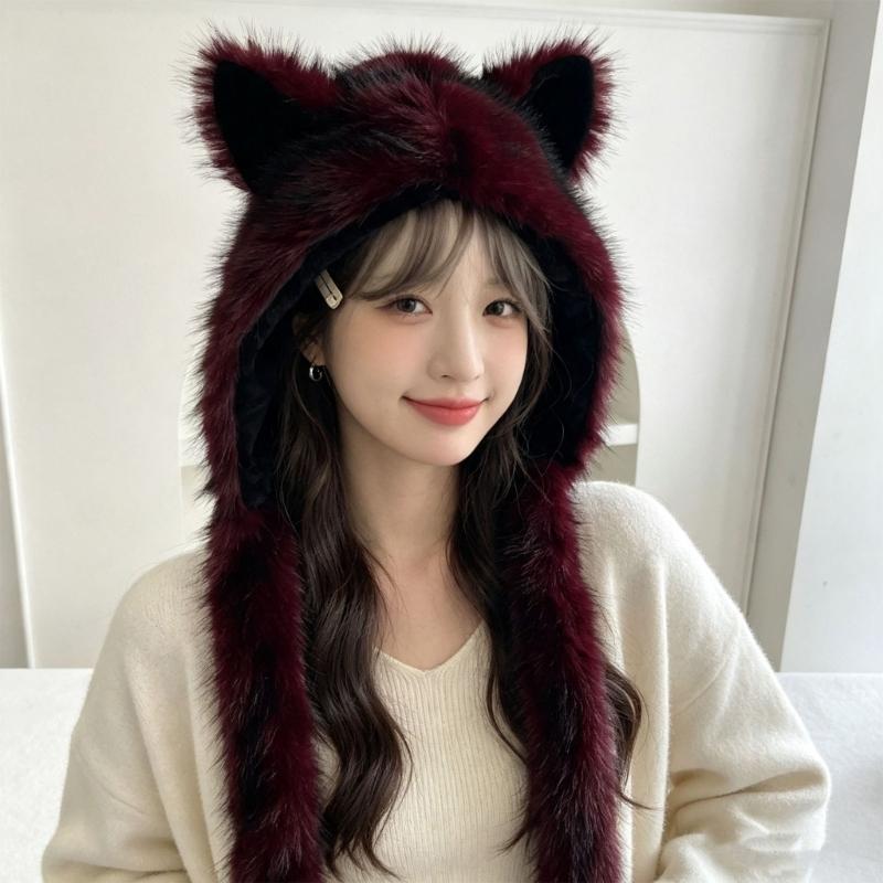 Plush Cats Ear Hat with Faux Furs Look Earflaps, Long Coverage Thick Warm Hat for Cold Weather Daily Outfit Styling, Outdoor Activity