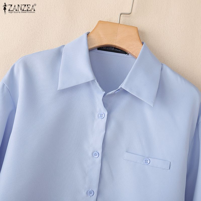 ZANZEA Women Casual Turn Down Collar Solid Color Loose Half Sleeve Blouse