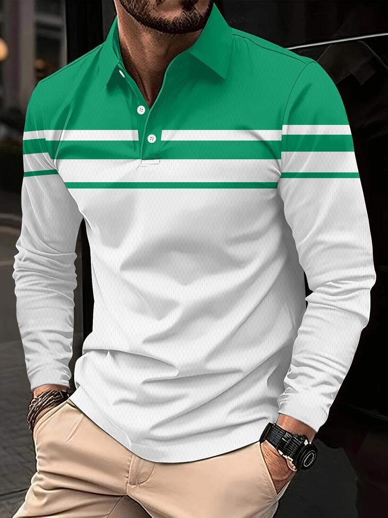 New classic striped printed polo shirt for men, long-sleeved, autumn casual and comfortable, suitable for button polo shirt, str