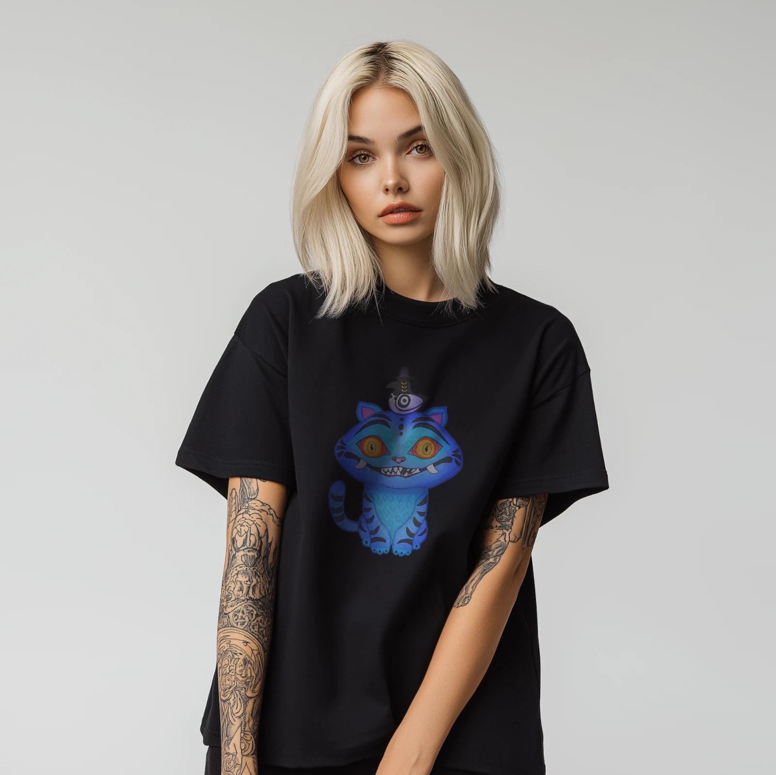 Blue Magic Cat T-Shirt – Cute Witch Bird & Fantasy Cat Graphic Tee A226 XL