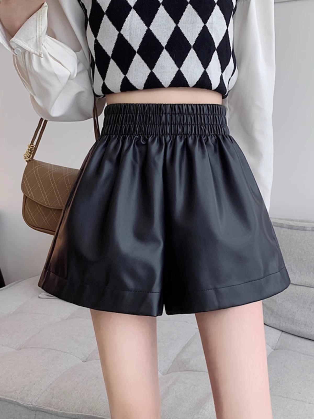 

Женские шорты с высокой талией из ПУ кожи с широкими штанинами - Приталенные, Свободные, Повседневные брюки-буткаты для осени/зимы 2023. XL чёрный