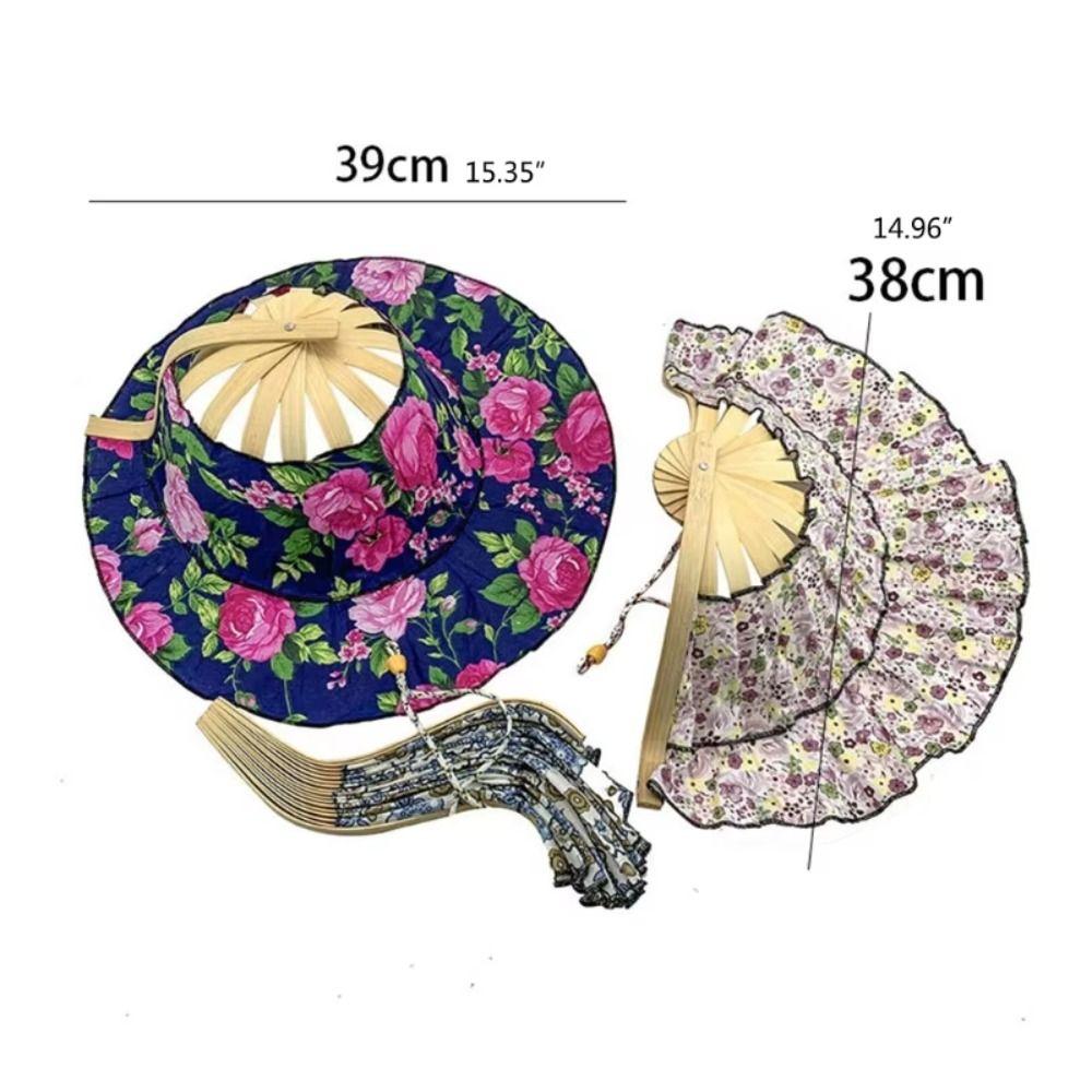 Portable Wide Brim Folding Fan Hat Floral Printed Foldable Fan Sun Hats UV Protection Chinese Style Bamboo Sunscreen Cap Summer