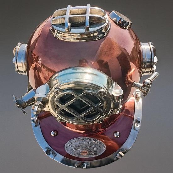 US Navy Mark V Scuba Divers Diving Helmet Copper Wood Base