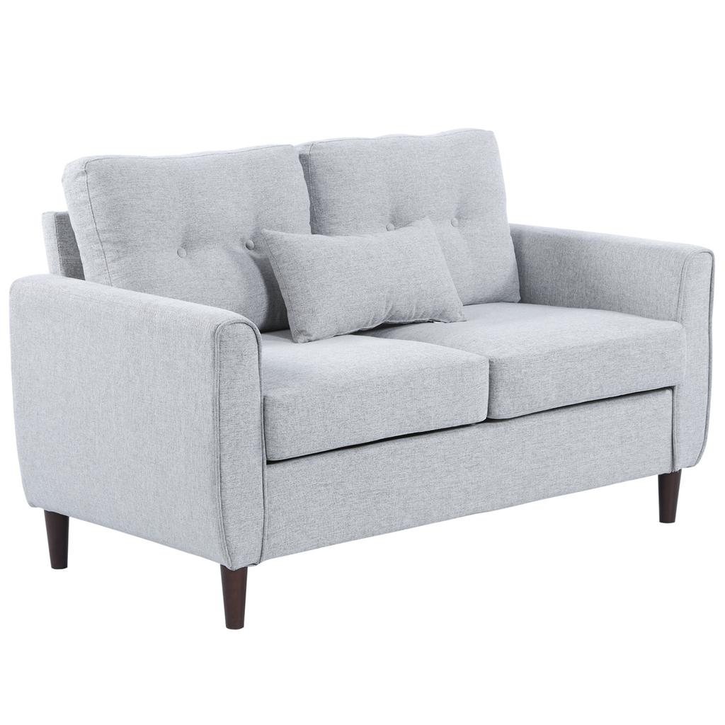 2 Seater Sofa with Spring Cushion, Fabric Sofa with Wooden Legs, Modern Love Seat for Living Room, 140cm Width Tufted Couch for Bedroom, Light Grey